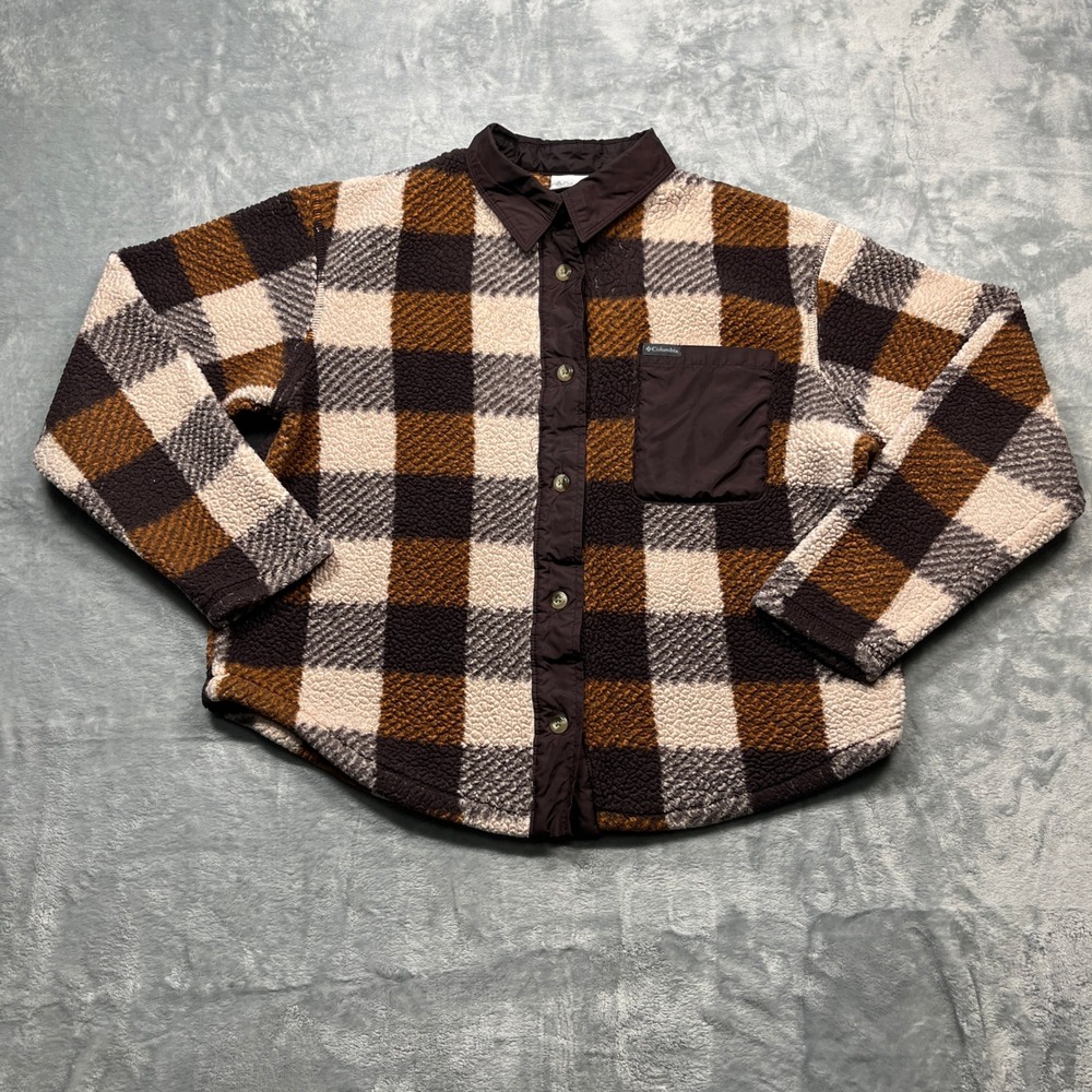 Columbia Shirt Jacket Womens Small‎ Brown Plaid Sherpa Fleece West Bend Shacket